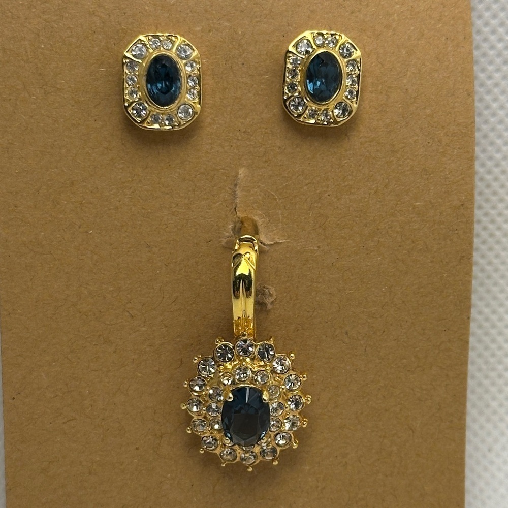 Roman Elegant Gold and Blue Gemstone Rhinestone Earrings and Removable Pendant